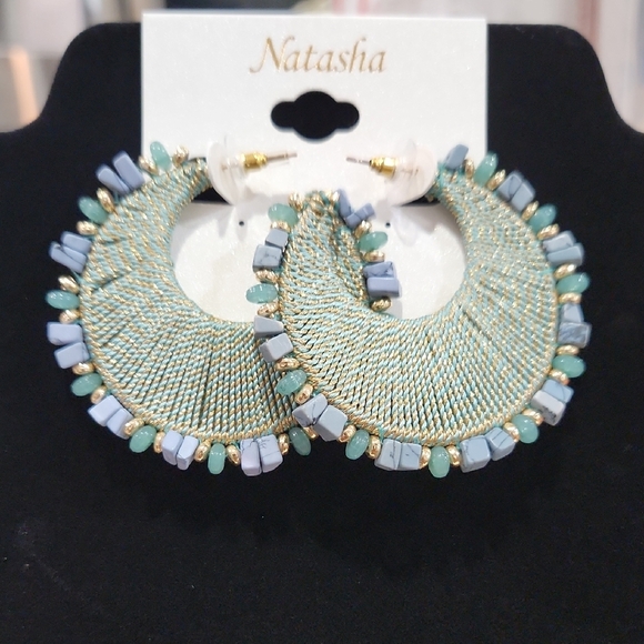 🔹️Natasha🔹️ Couture Aqua and Gray Beaded Hoop Earrings - Picture 1 of 5
